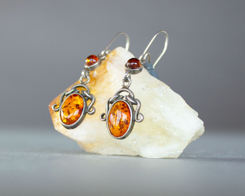 Amber and silver dangle earrings vintage