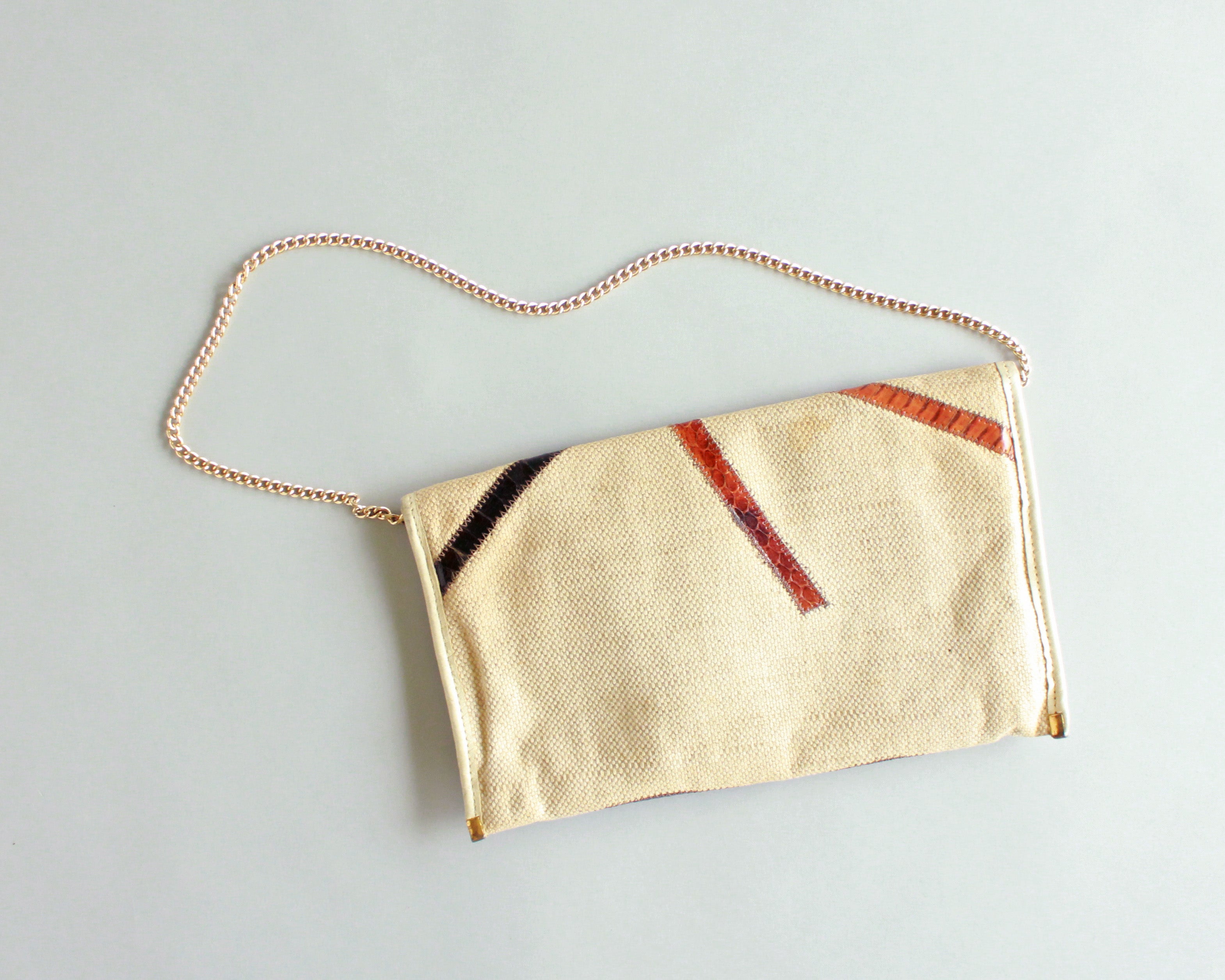 Retro 1970's envelope purse with snakeskin patches and gold chain