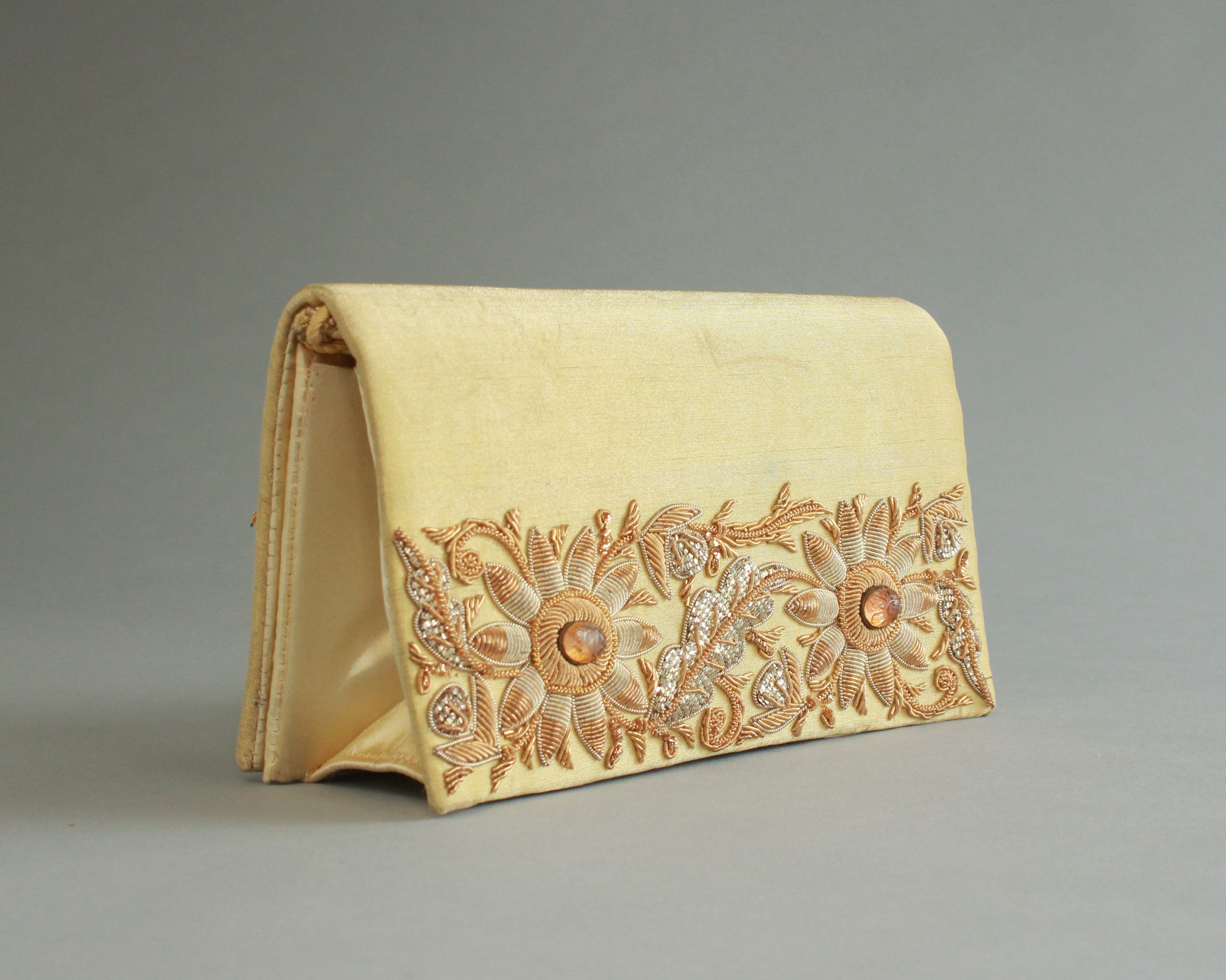 Gold beaded and embroidered satin evening bag handmade in India