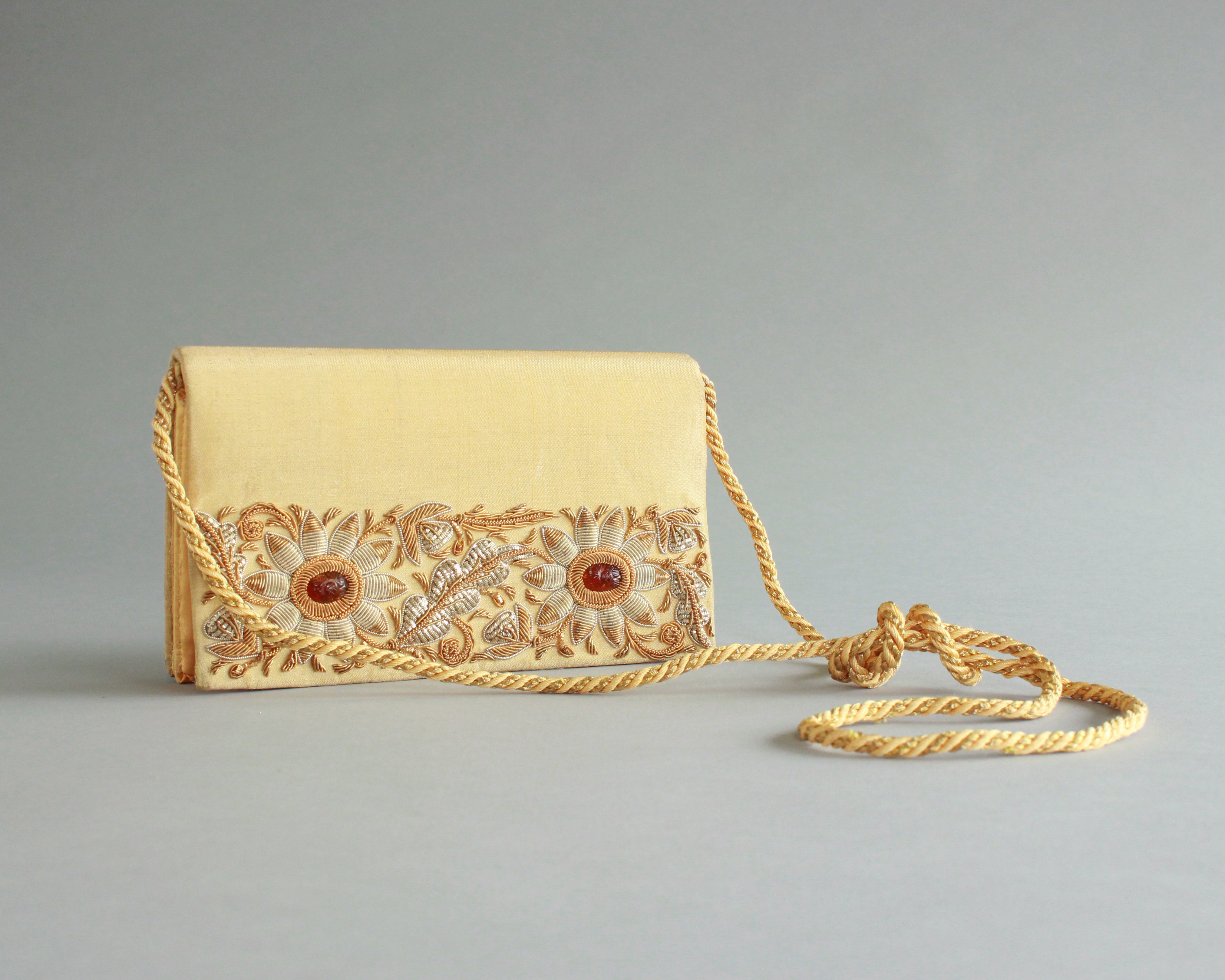 Vintage gold beaded handbag with long strap 
