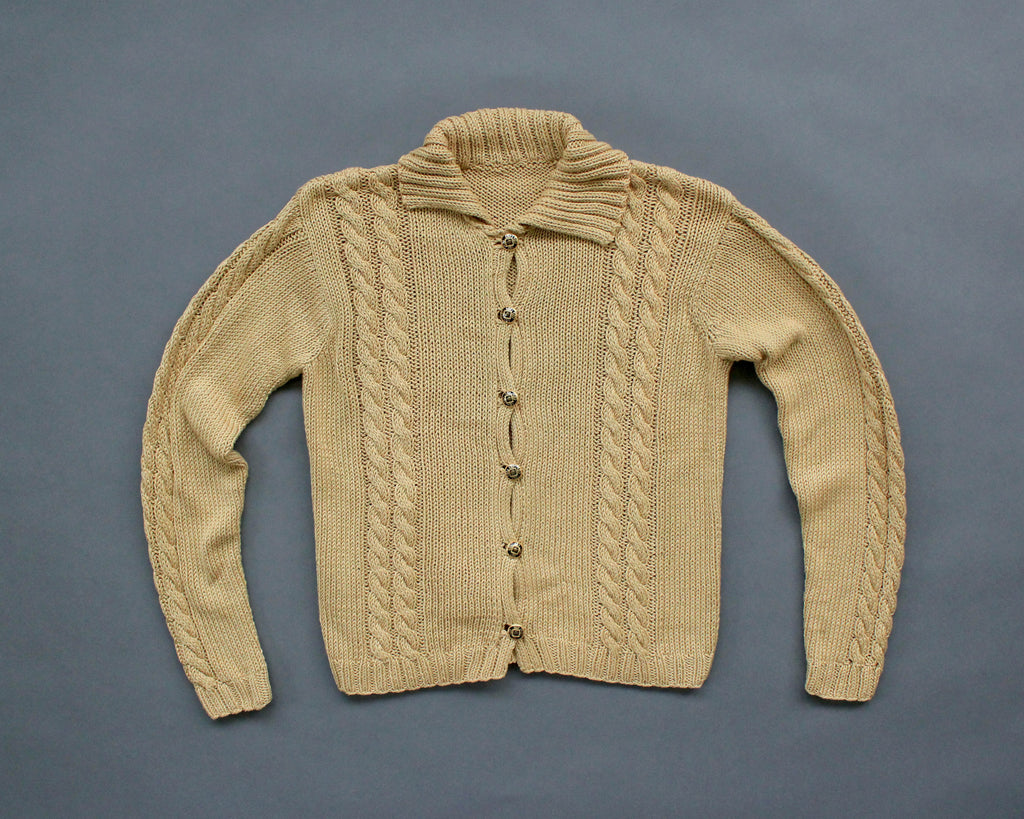 Handmade cotton cable knit cardigan in gold, women's medium