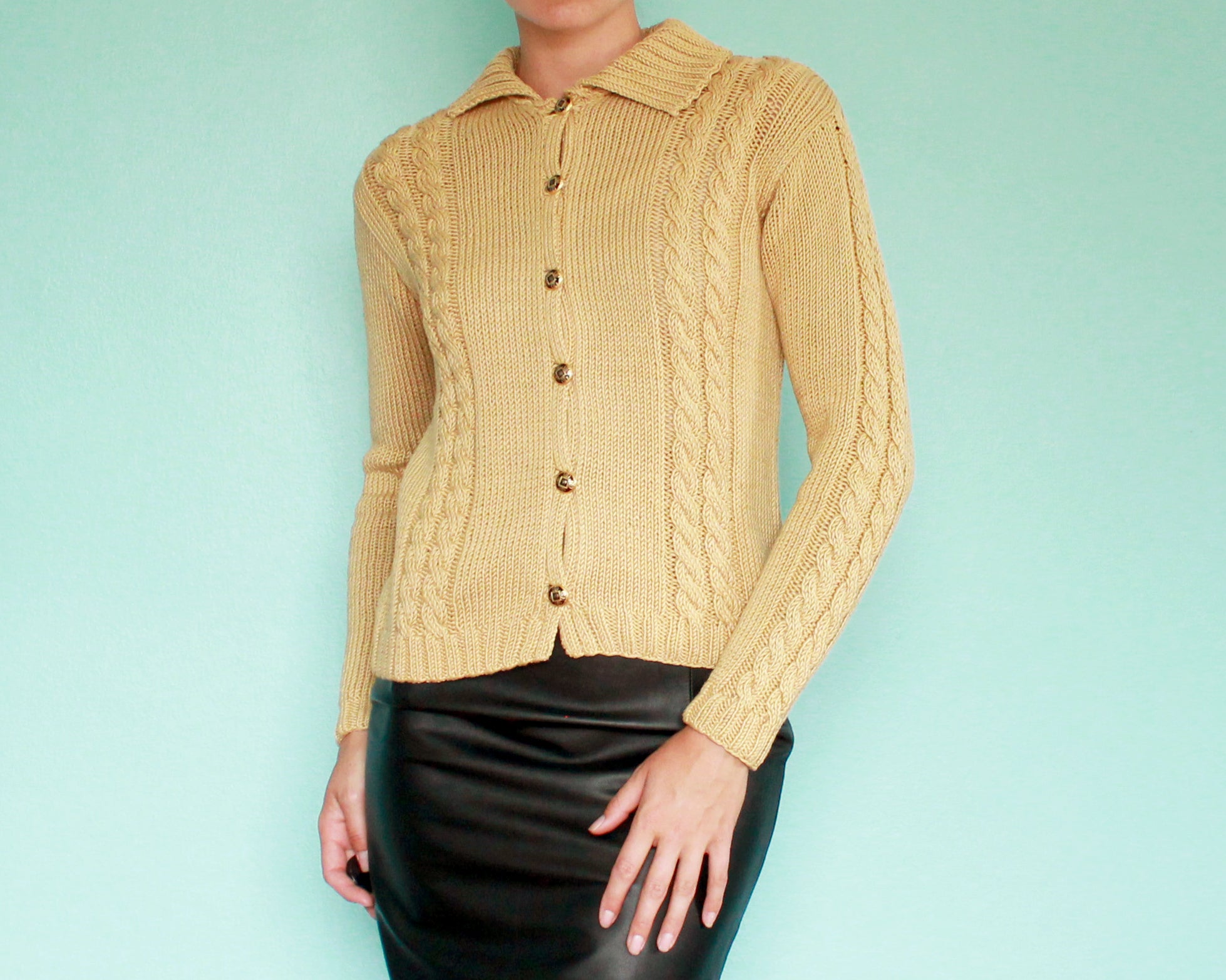 Handmade cotton cable knit cardigan in gold, women's medium 