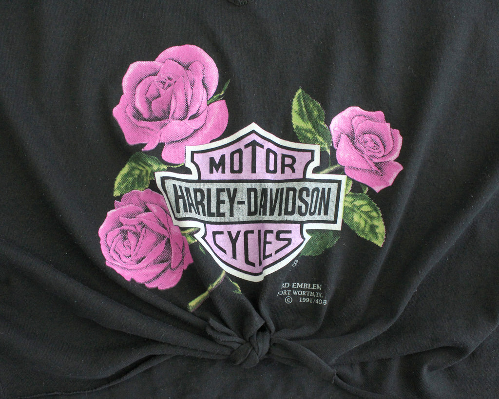 Vintage cutoff Harley shirt with pink roses womens' medium 