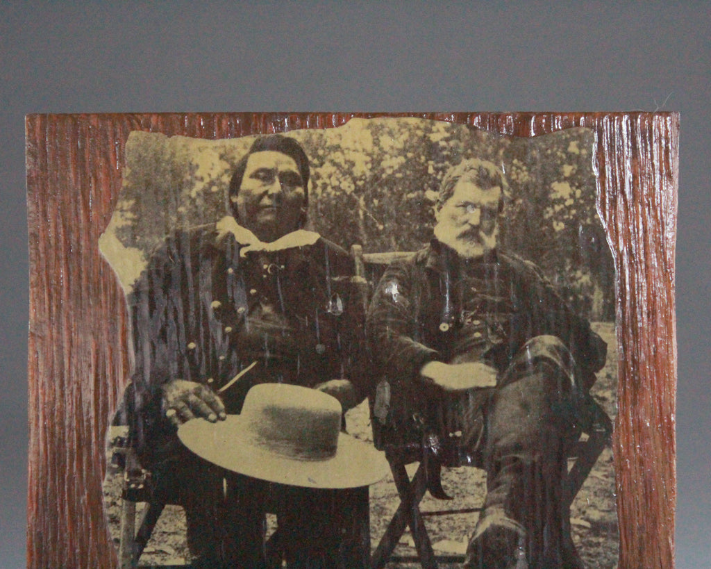 indian and soldier vintage photograph on wood 