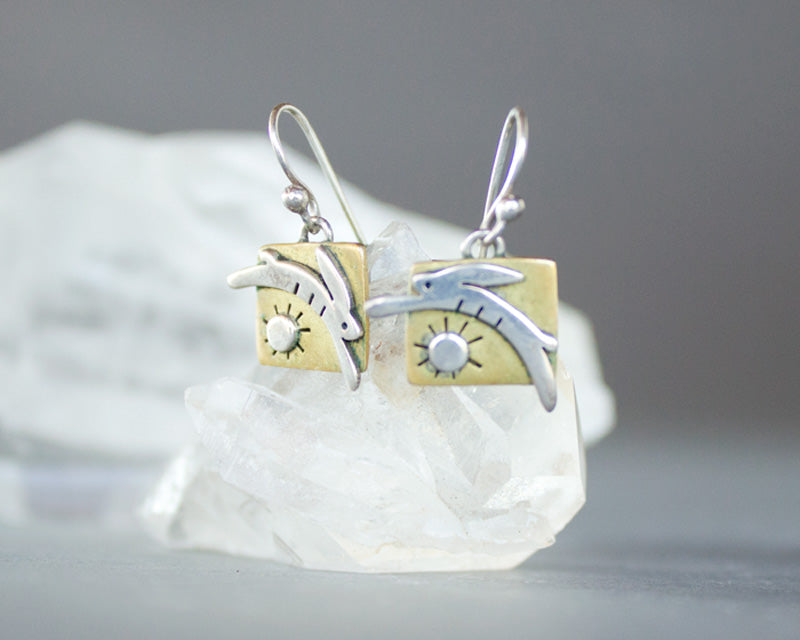 Jumping rabbit earrings in sterling and brass