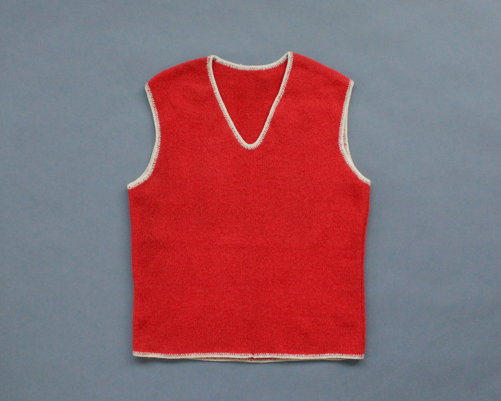 Vintage red wool pullover sweater vest with white trim 
