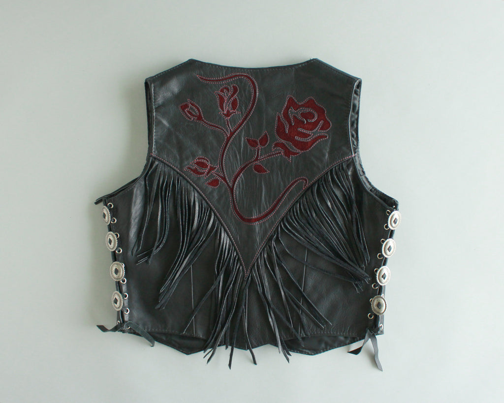 Black leather biker vest with fringe, conchos and roses womens size 14
