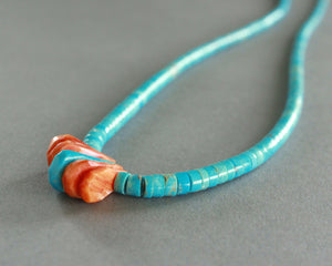 natural turquoise heishi necklace with spiny oyster pendant
