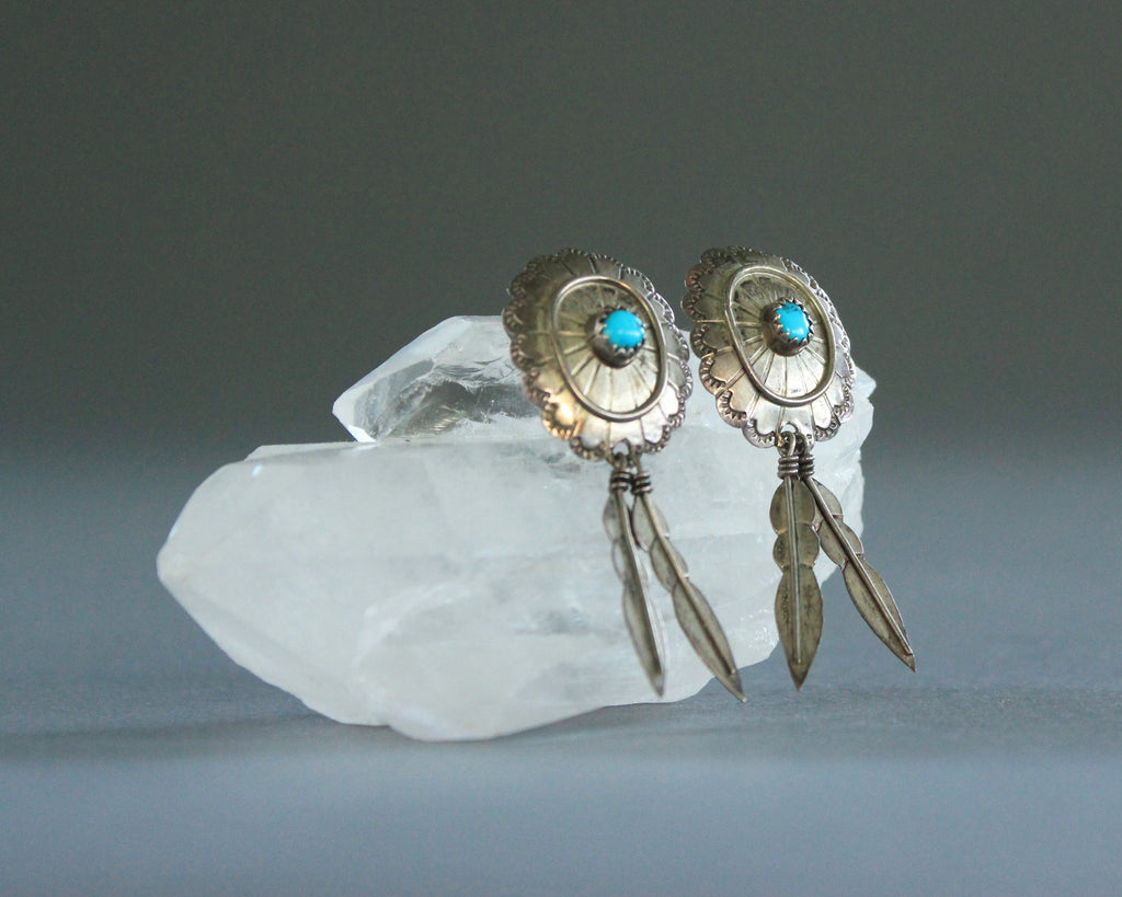 Silver concho and turquoise feather earrings