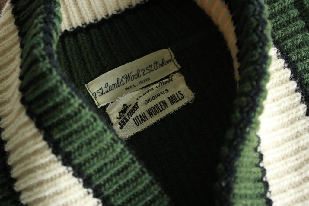 Vintage hunter green wool sweater with white collar by Utah Woolen Mills