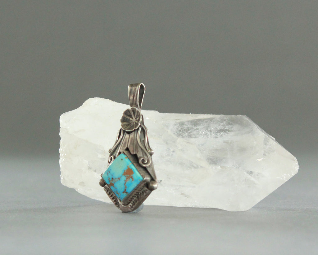 natural turquoise pendant with silver rose