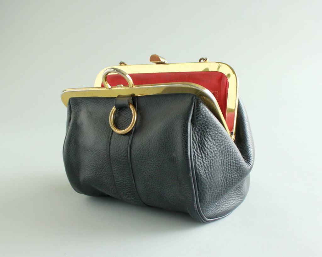 Retro black leather purse with gold chain 