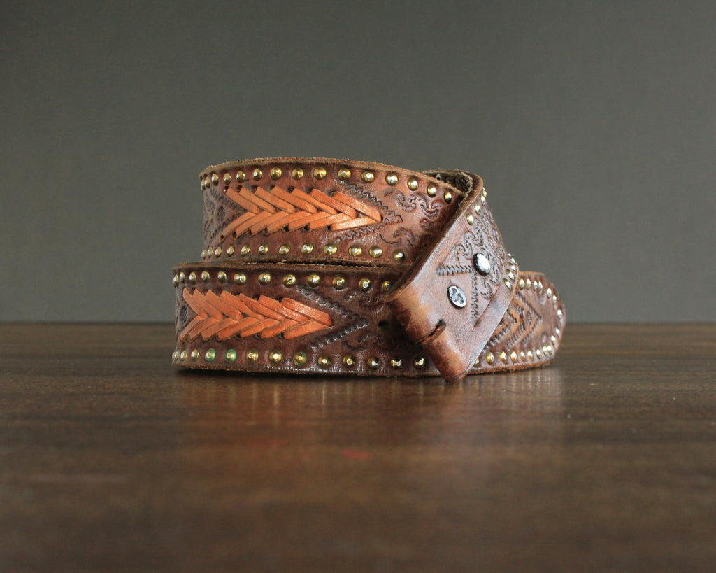 Boho stamped leather belt with rivets size 36 