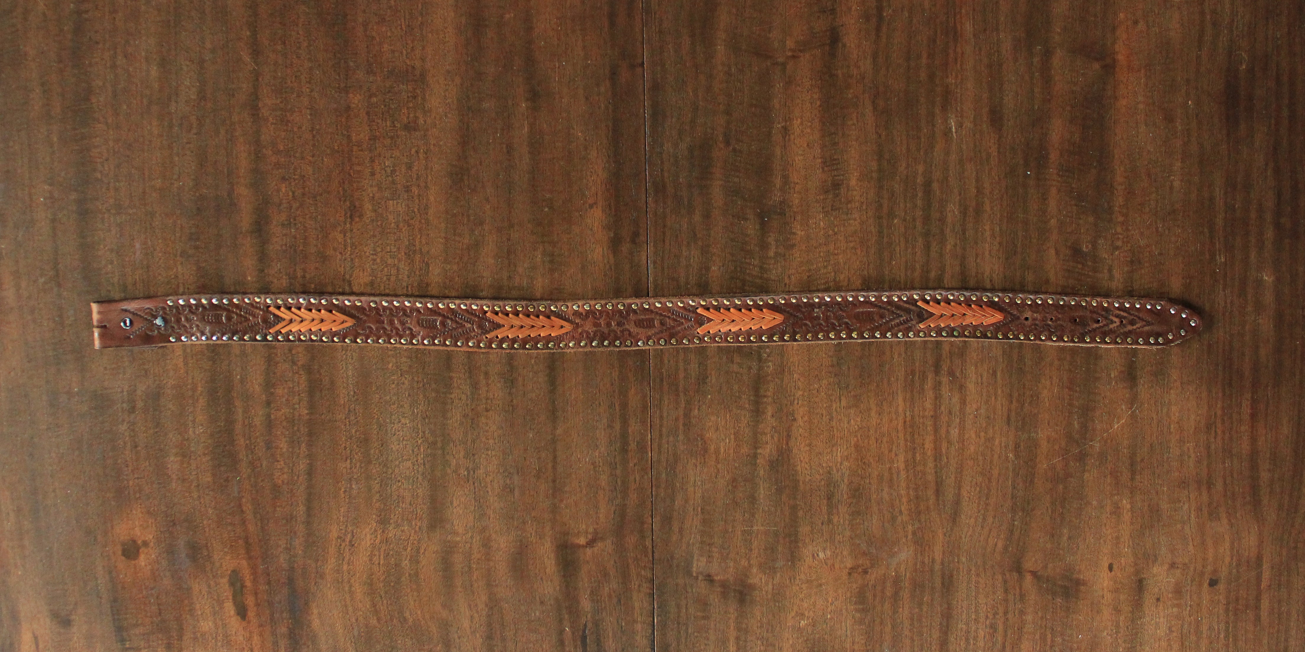Boho stamped leather belt with rivets size 36 